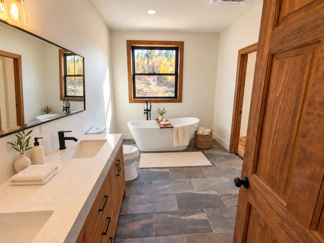 Primary bathroom with freestanding tub and vanity