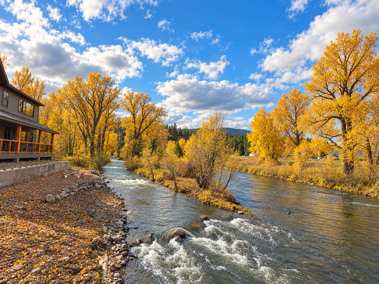 Flowing river beside the home, with autumn trees and a fire pit seating area showing the intended finished appearance
