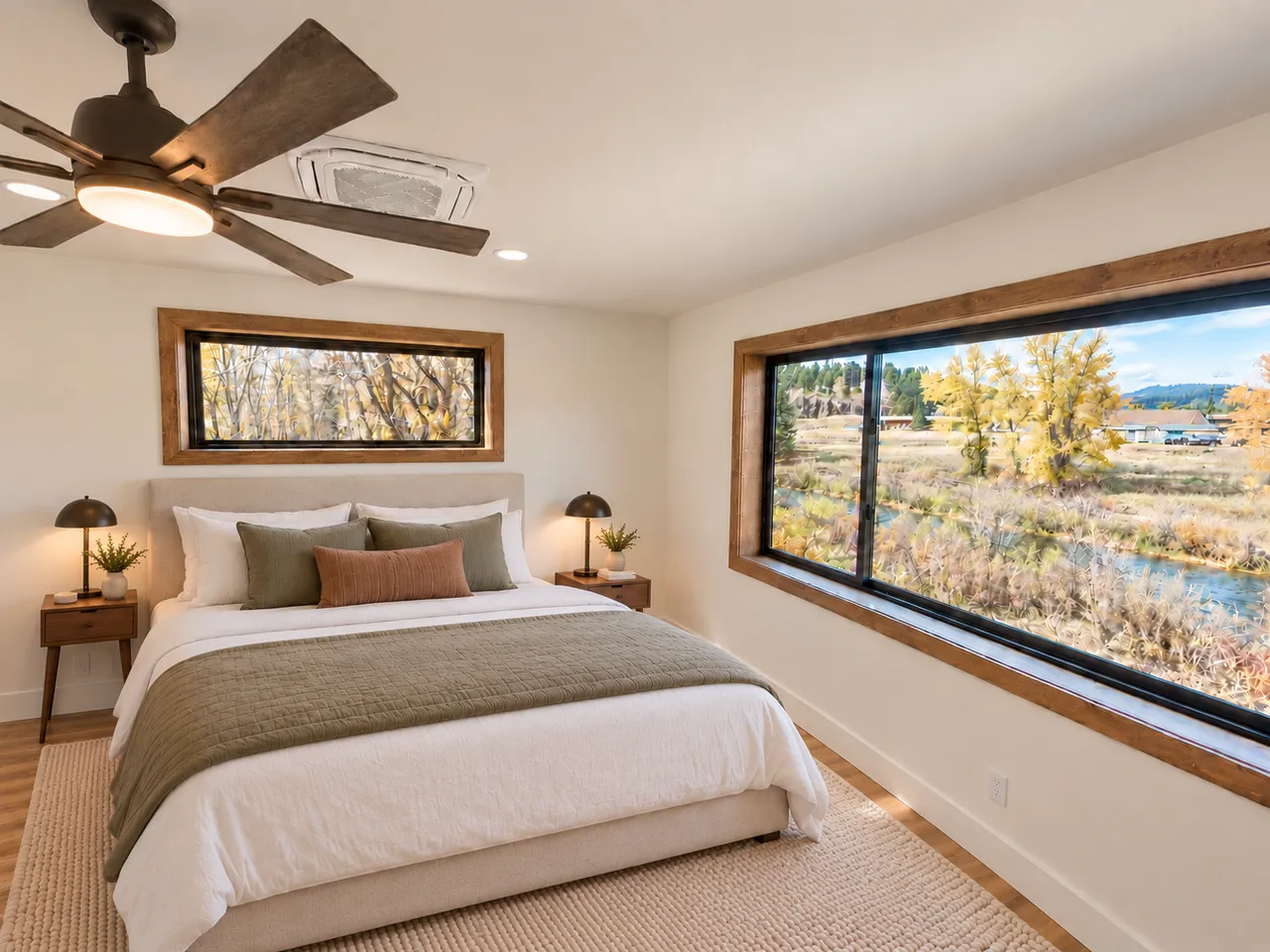 Upstairs primary bedroom with wide windows facing the river