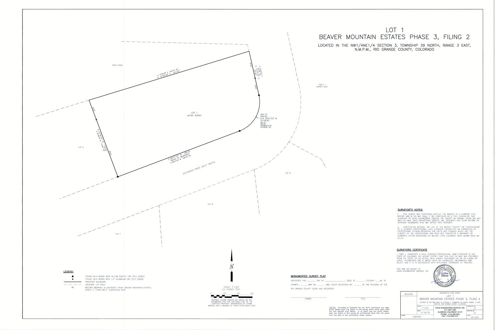 Signed boundary survey for Lot 1, Beaver Mountain Estates Phase 3 Filing 2, showing approximately 0.60 acres, property boundaries, Escondida Drive and adjoining lots